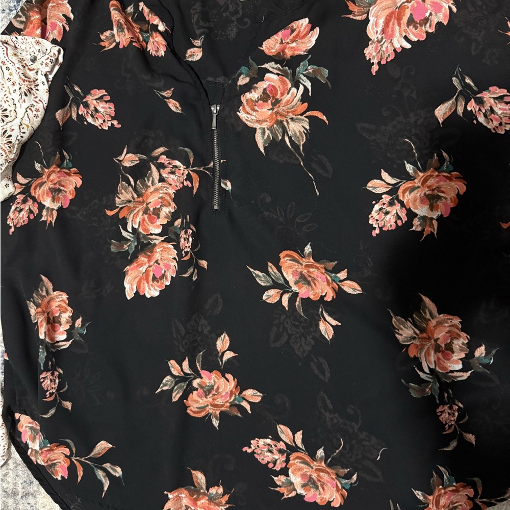 Maurices Black Blouse with Pink Floral Pattern